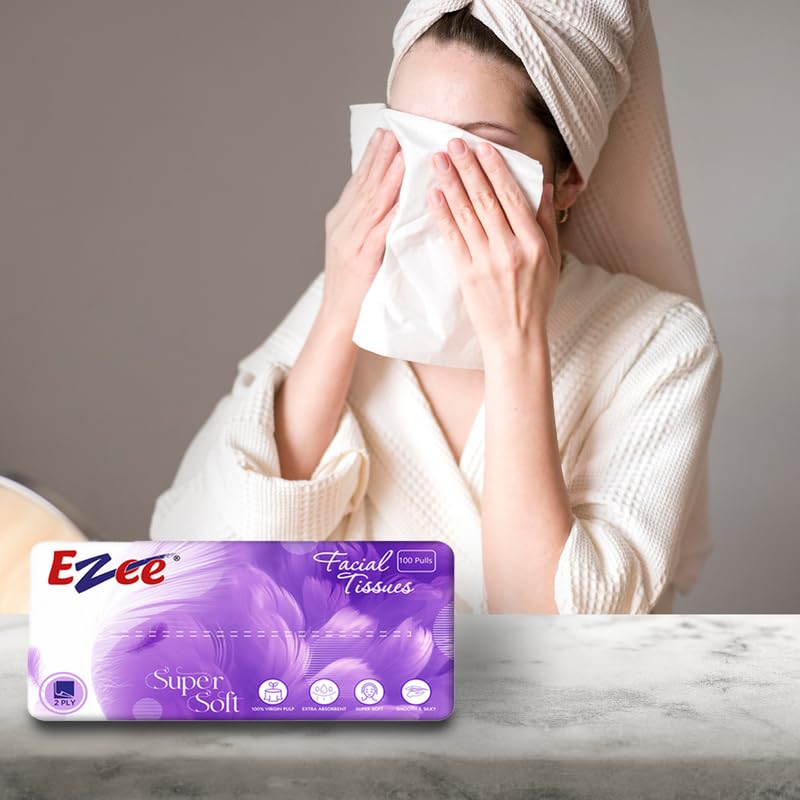 Ezee 2 Ply Facial Tissue Soft Pack 600 Pulls | Ultrasoft, Absorbent, Made of Virgin Paper | 100 Pulls x Pack of 6