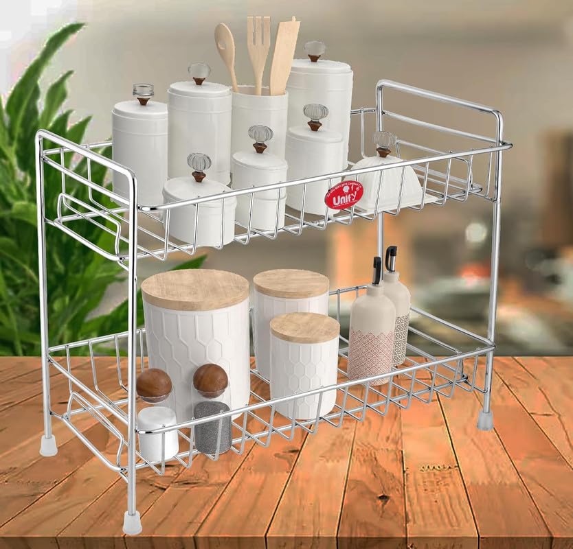 Unify Stainless Steel 3 Tier Kitchen Countertop Spice Container Organizer Rack with Shelf Liner for Kitchen/Cabinet/Pantry/Office (Rectangle), 39L x 19.5B x 50H cm