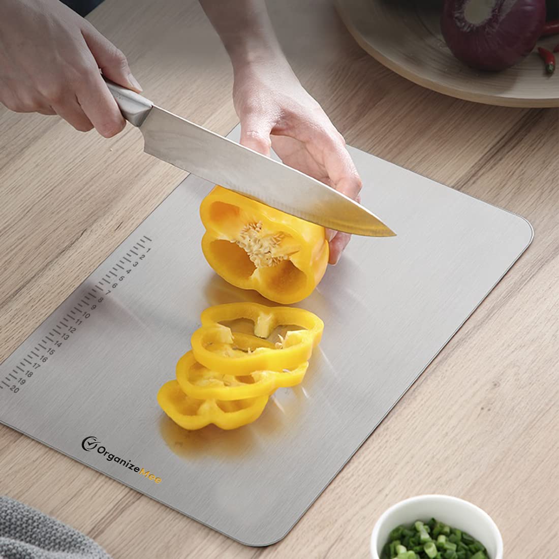 OrganizeMee Chopping Board Stainless Steel Metal Cutting Kitchen,Heavy Duty Choping-Board Vegetable, Meats vegitable Chopper Boards,Safe Durable with Anti-Skid Silicon Pad (New Medium)(31.8CM X 21CM)