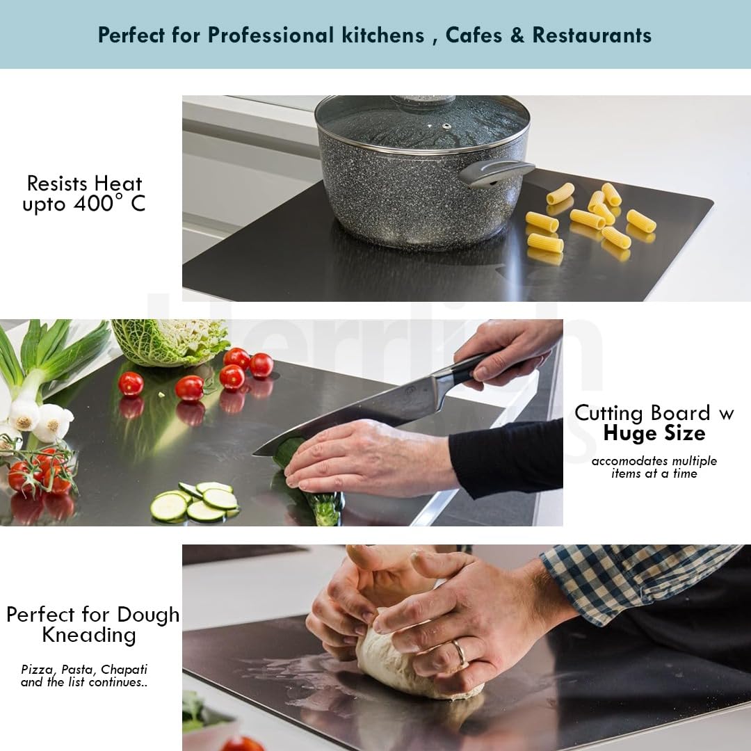 Herrlich Homes 304 Stainless Steel Chopping Board with Lip for Kitchen | Free Rollin Pin | Non Slip| Rust Proof | Easy to use| Round Edge| For Cutting Vegetables, Meat,Fish,Fruits | Medium |40 x 32 cm