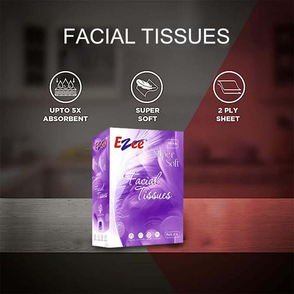 Ezee 2 Ply Facial Tissue Soft Pack 600 Pulls | Ultrasoft, Absorbent, Made of Virgin Paper | 100 Pulls x Pack of 6