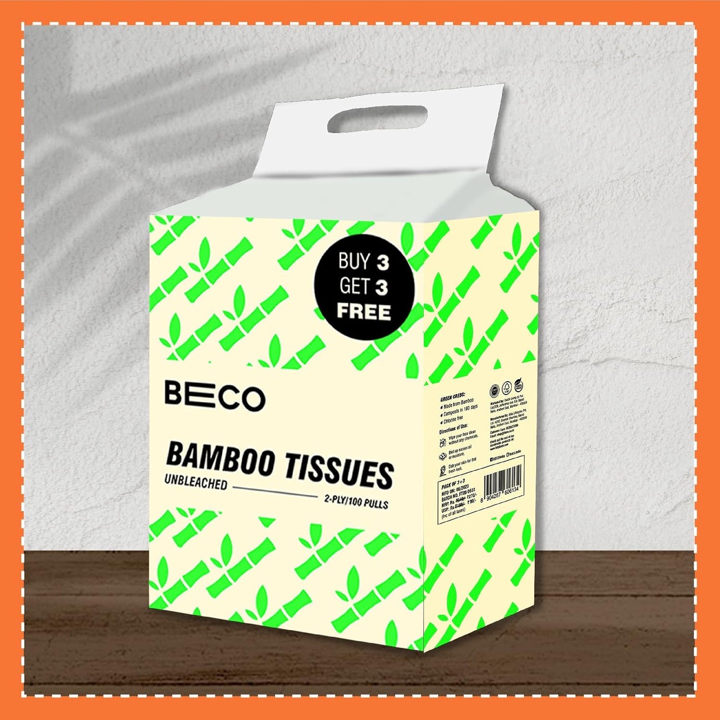 Beco Bamboo Soft Facial Tissue Papers- 100 Pulls (Pack of 6), 600 Pulls - 2 ply,100% Natural and Ecofriendly, Soft tissue box/pack