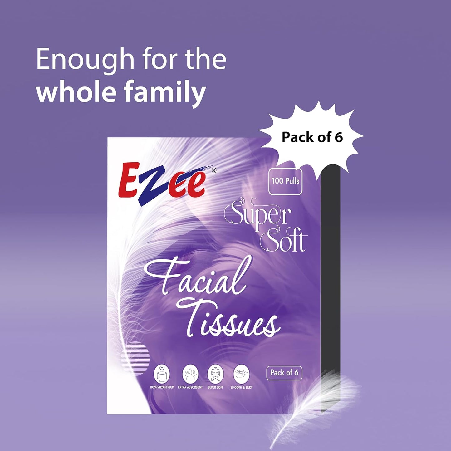 Ezee 2 Ply Facial Tissue Soft Pack 600 Pulls | Ultrasoft, Absorbent, Made of Virgin Paper | 100 Pulls x Pack of 6