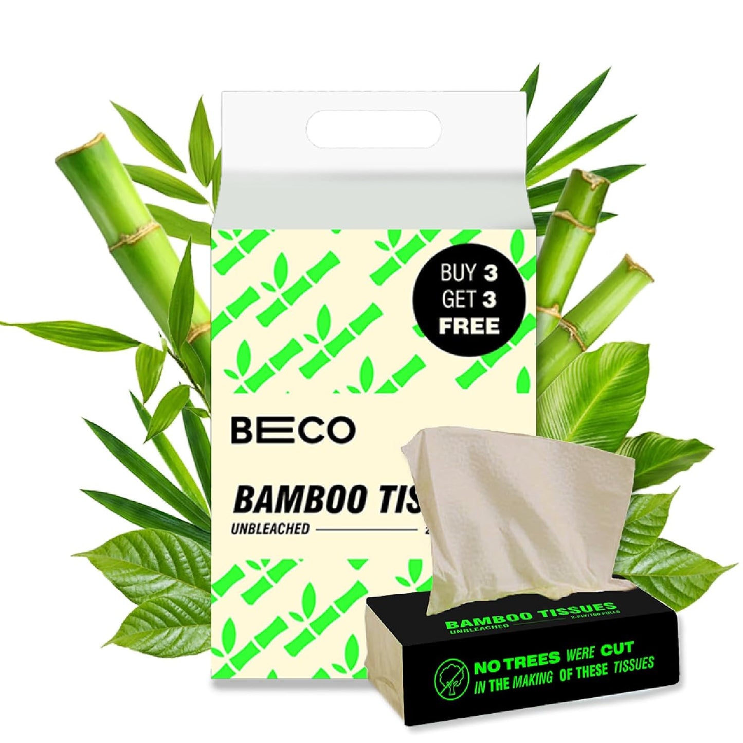 Beco Bamboo Soft Facial Tissue Papers- 100 Pulls (Pack of 6), 600 Pulls - 2 ply,100% Natural and Ecofriendly, Soft tissue box/pack