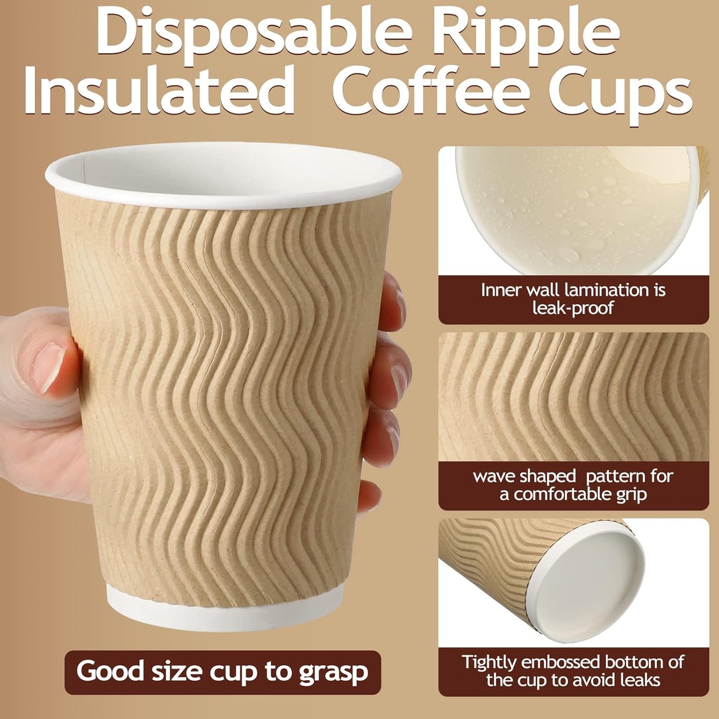 EOS- BUILDING TRUST Ripple Paper Non Slip Cups with Leak Proof & Three Corrugated Layer Ideal for Hot, Cold Hot Coffee/Drinks for Party (200 ml, 50 Pcs, Brown) (50)