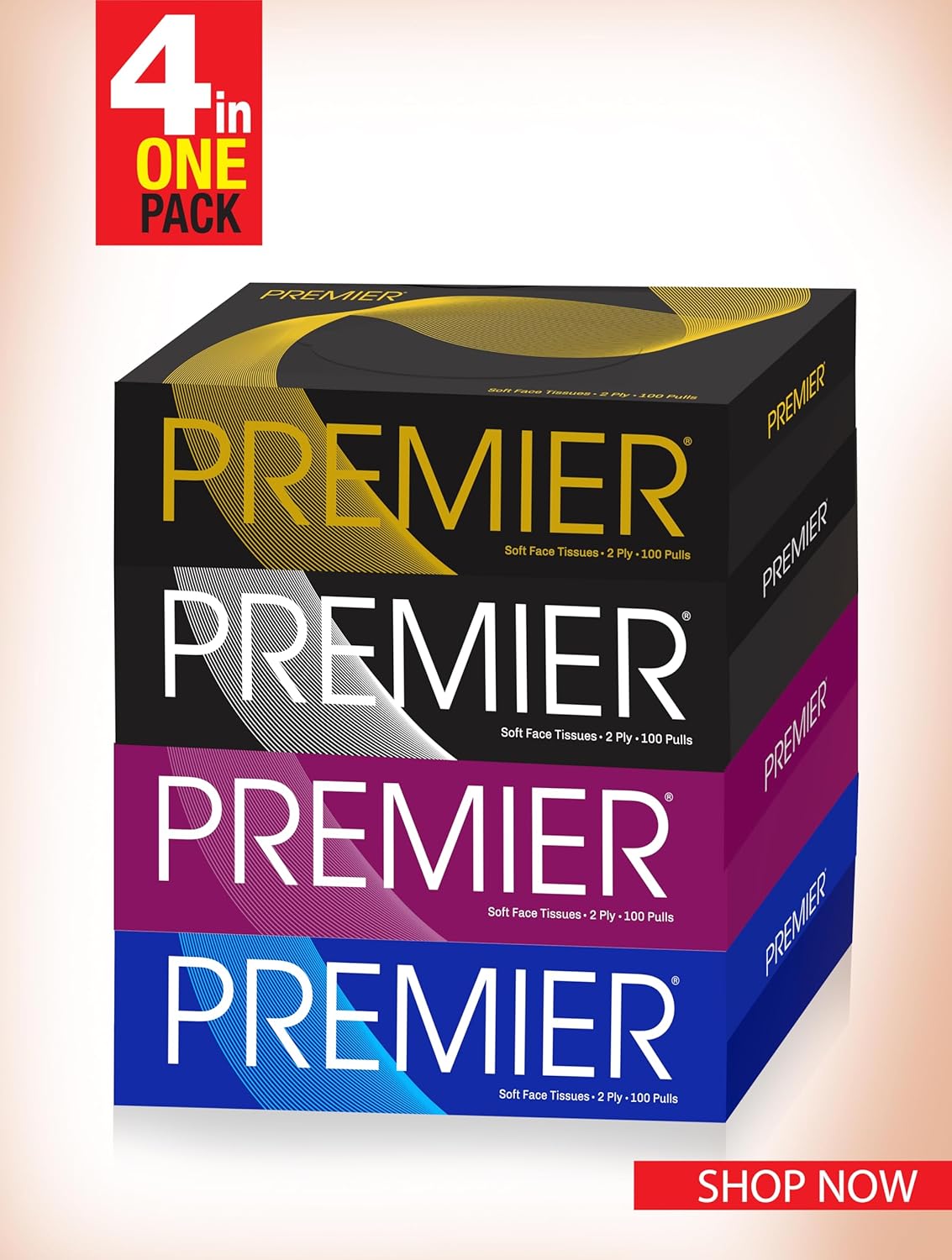 Premier Box Face Tissue Papers 100 Pulls 2Ply (Pack of 4-400 Pulls, 800 Sheets)