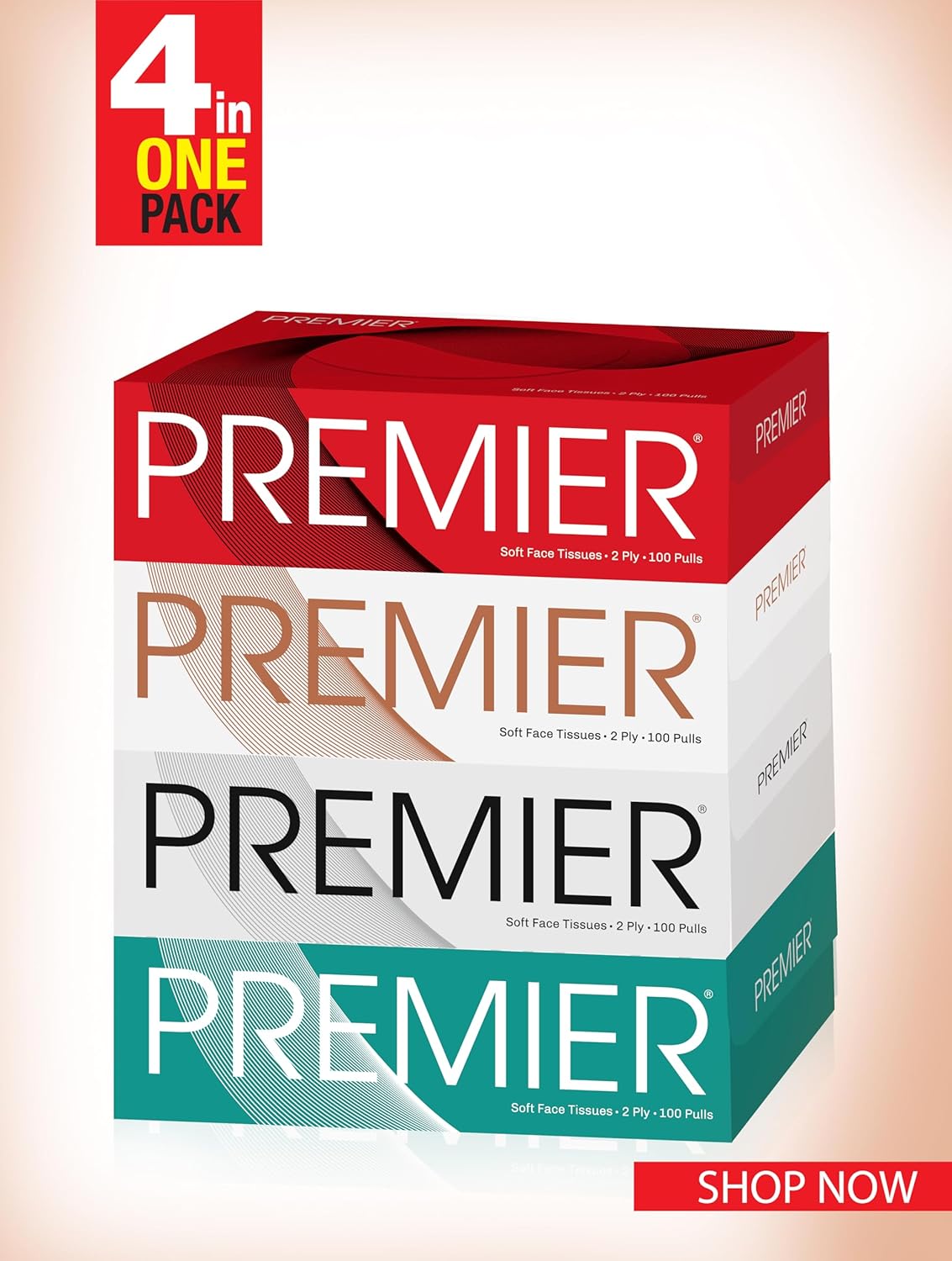 Premier Box Face Tissue Papers 100 Pulls 2Ply (Pack of 4-400 Pulls, 800 Sheets)