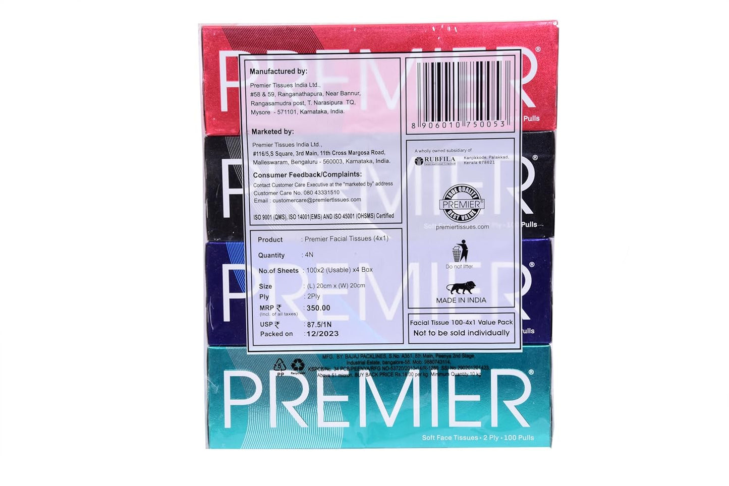Premier Box Face Tissue Papers 100 Pulls 2Ply (Pack of 4-400 Pulls, 800 Sheets)