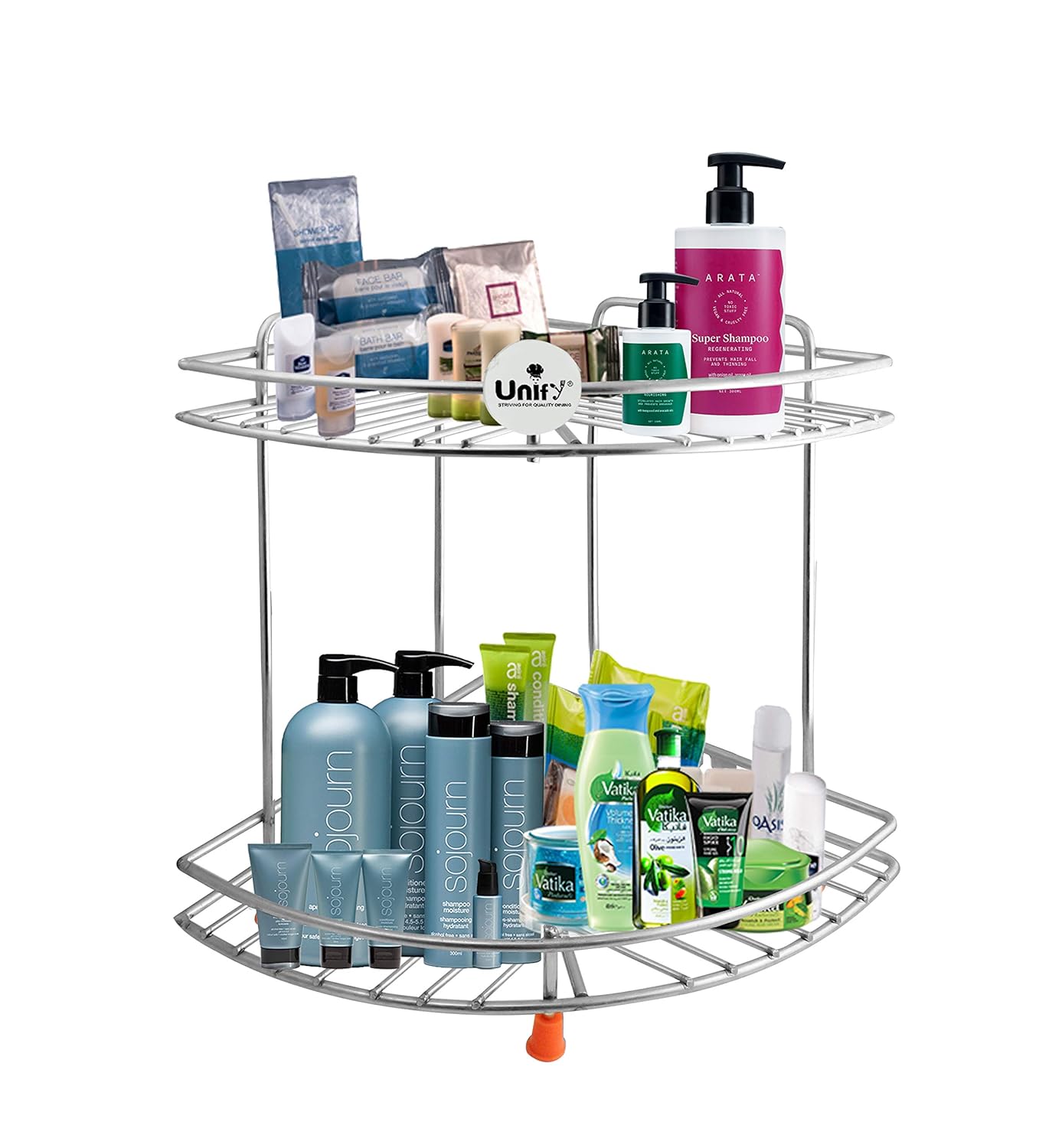 THAASA Stainless Steel 2 Tier Multipurpose Storage Organizer, Corner Stand for Kitchen and Bathroom, Shelf Rack, Bathroom Shelf Wall Mounted, Chrome Finish, Size: 23 x 23 x 33 cm