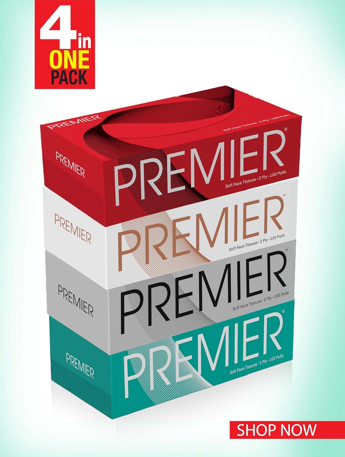 Premier Box Face Tissue Papers 100 Pulls 2Ply (Pack of 4-400 Pulls, 800 Sheets)