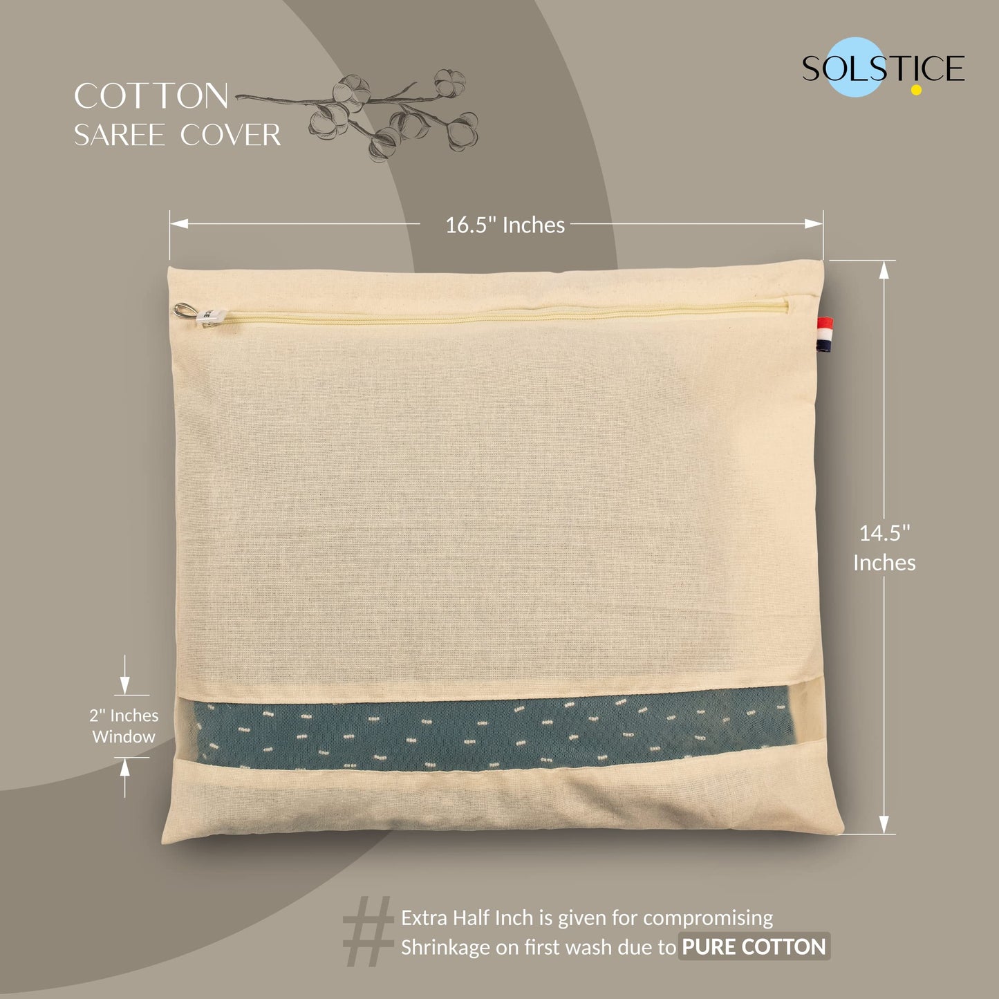 SOLSTICE Cotton Saree Bags/Covers For Storage Set Of - 12 Big Size Single (16 X 14 Inches) With Zip Closure For Clothes Bags And Wardrobe Organizer With Transparent Mesh Window, Beige