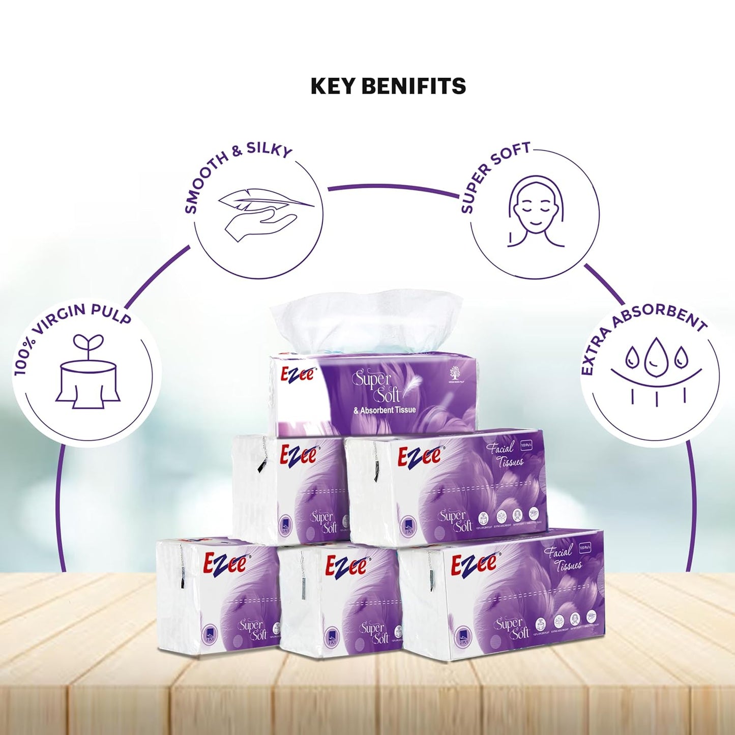 Ezee 2 Ply Facial Tissue Soft Pack 600 Pulls | Ultrasoft, Absorbent, Made of Virgin Paper | 100 Pulls x Pack of 6