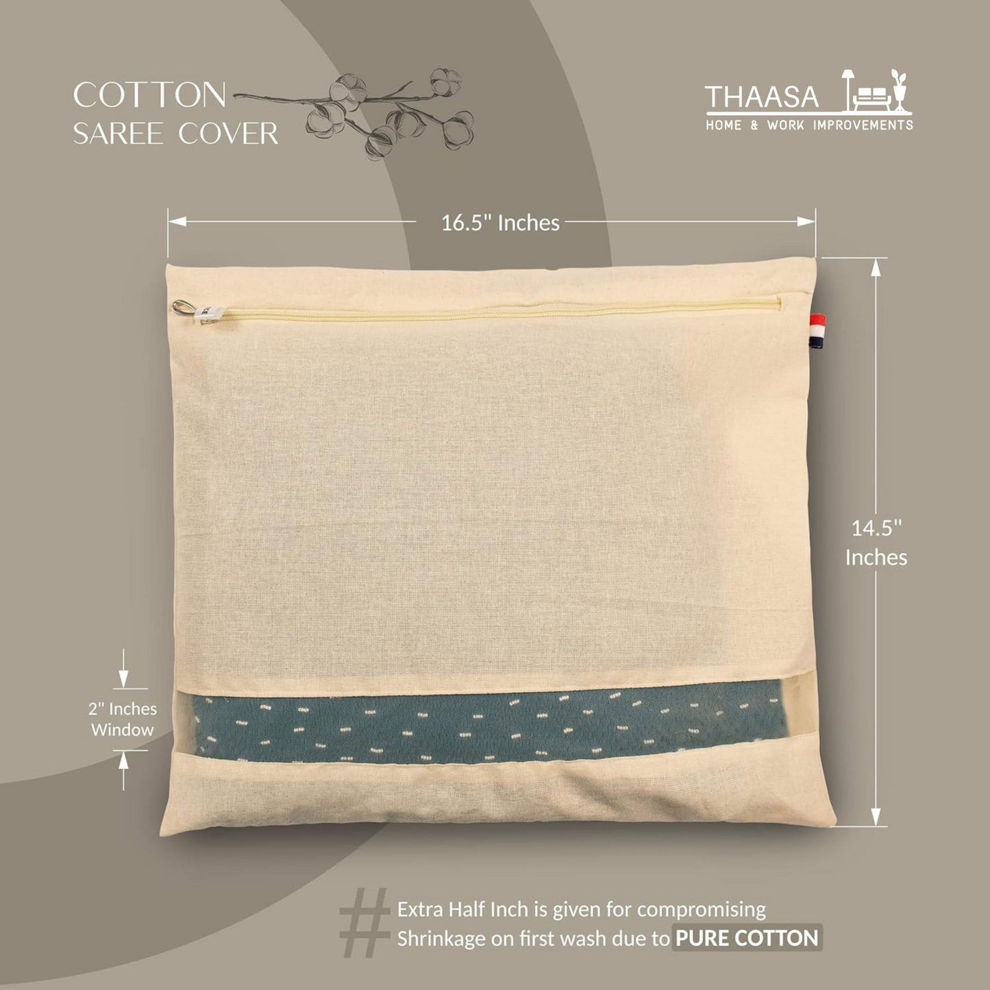 THAASA Cotton Saree Bags/Covers For Storage Set Of - 12 Big Size Single (16 X 14 Inches) With Zip Closure For Clothes Bags And Wardrobe Organizer With Transparent Mesh Window, Beige