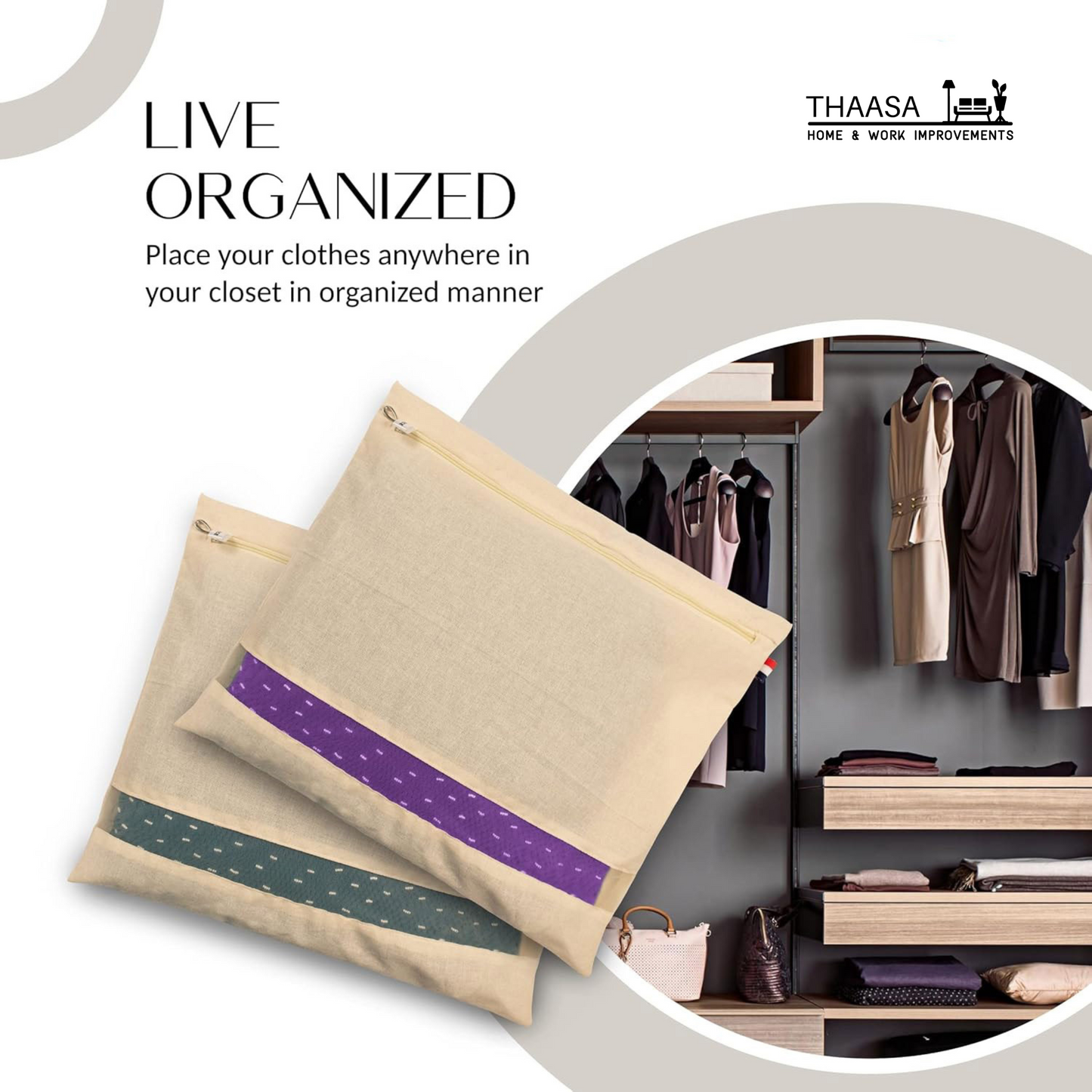 THAASA Cotton Saree Bags/Covers For Storage Set Of - 12 Big Size Single (16 X 14 Inches) With Zip Closure For Clothes Bags And Wardrobe Organizer With Transparent Mesh Window, Beige