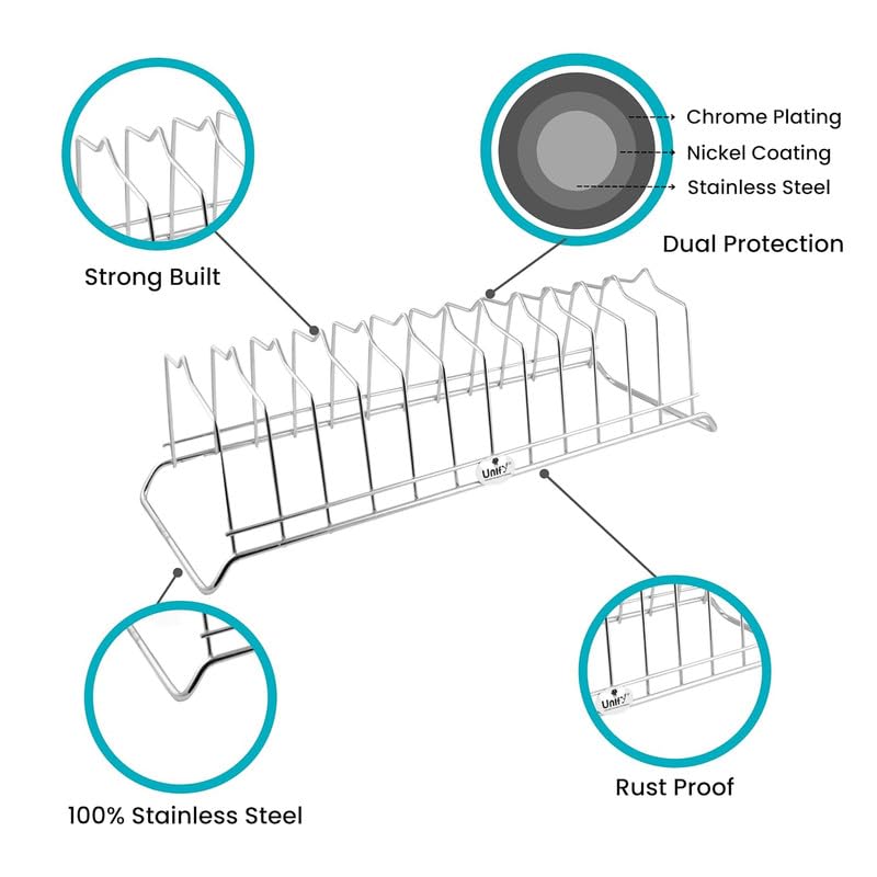 Unify Combo 2 Pieces Stainless Steel Plate Rack, Kitchen Rack, Utensil Rack for Kitchen, Plate Stand for Kitchen Cabinet, Chrome, Silver (8 Sections, Pack of 2)