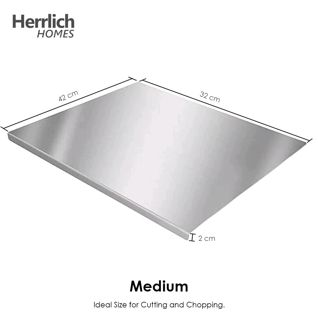 Herrlich Homes 304 Stainless Steel Chopping Board with Lip for Kitchen | Free Rollin Pin | Non Slip| Rust Proof | Easy to use| Round Edge| For Cutting Vegetables, Meat,Fish,Fruits | Medium |40 x 32 cm