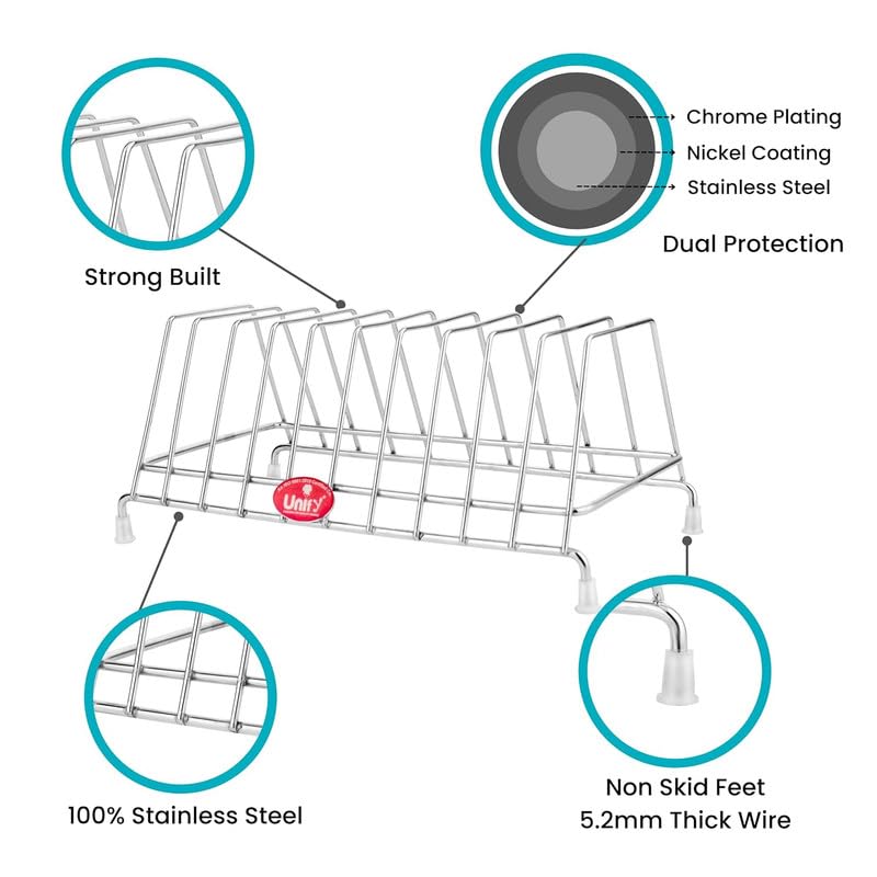 Unify Combo 2 Pieces Stainless Steel Plate Rack, Kitchen Rack, Utensil Rack for Kitchen, Plate Stand for Kitchen Cabinet, Chrome, Silver (8 Sections, Pack of 2)