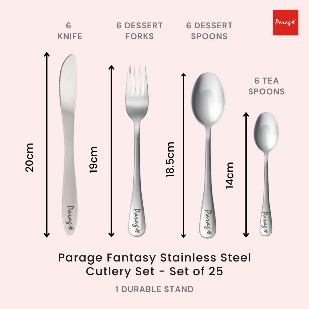 Parage Fantasy Stainless Steel Cutlery Set - Set of 25 (Contains: 6 Table Spoons, 6 Tea Spoons, 6 Forks, 6 Knives, 1 Stand), Silver
