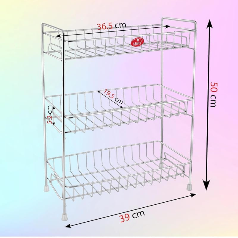 Unify Stainless Steel 3 Tier Kitchen Countertop Spice Container Organizer Rack with Shelf Liner for Kitchen/Cabinet/Pantry/Office (Rectangle), 39L x 19.5B x 50H cm