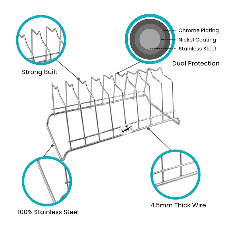 Unify Combo 2 Pieces Stainless Steel Plate Rack, Kitchen Rack, Utensil Rack for Kitchen, Plate Stand for Kitchen Cabinet, Chrome, Silver (8 Sections, Pack of 2)