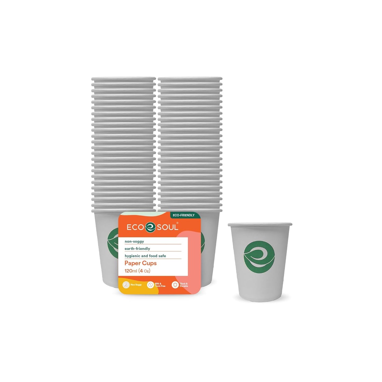 ECO SOUL [120 ml, 100 Count Disposable White Paper Cups| Plastic-Free Aqueous Coated | Eco-Friendly & Biodegradable Cups | Use & Throw Party Glasses | Ideal for Tea, Coffee & Water | 190 GSM