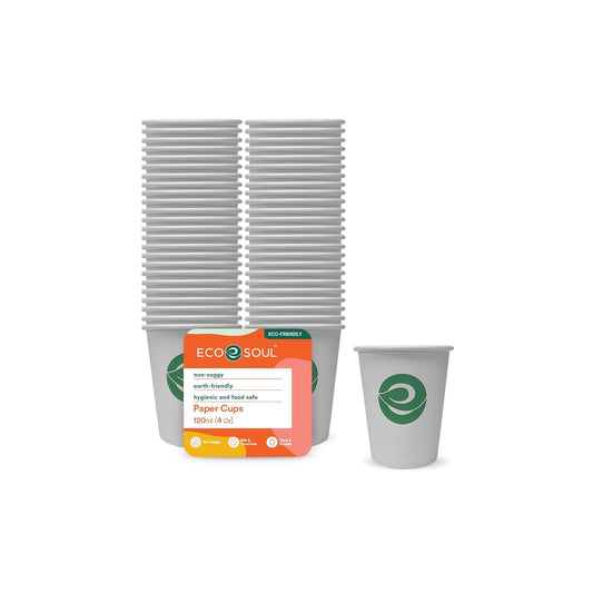ECO SOUL [120 ml, 100 Count Disposable White Paper Cups| Plastic-Free Aqueous Coated | Eco-Friendly & Biodegradable Cups | Use & Throw Party Glasses | Ideal for Tea, Coffee & Water | 190 GSM