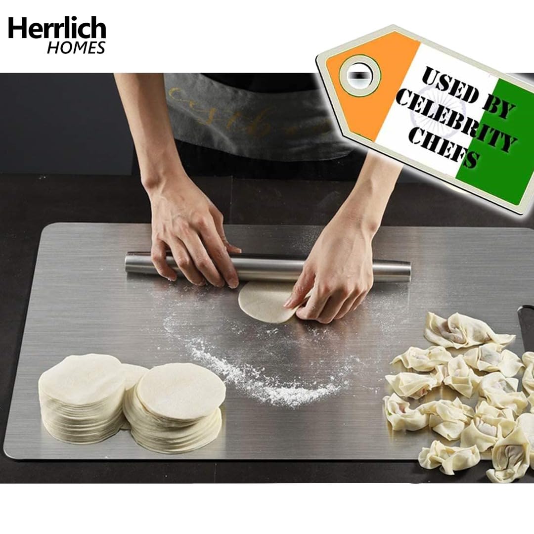 Herrlich Homes 304 Stainless Steel Chopping Board with Lip for Kitchen | Free Rollin Pin | Non Slip| Rust Proof | Easy to use| Round Edge| For Cutting Vegetables, Meat,Fish,Fruits | Medium |40 x 32 cm
