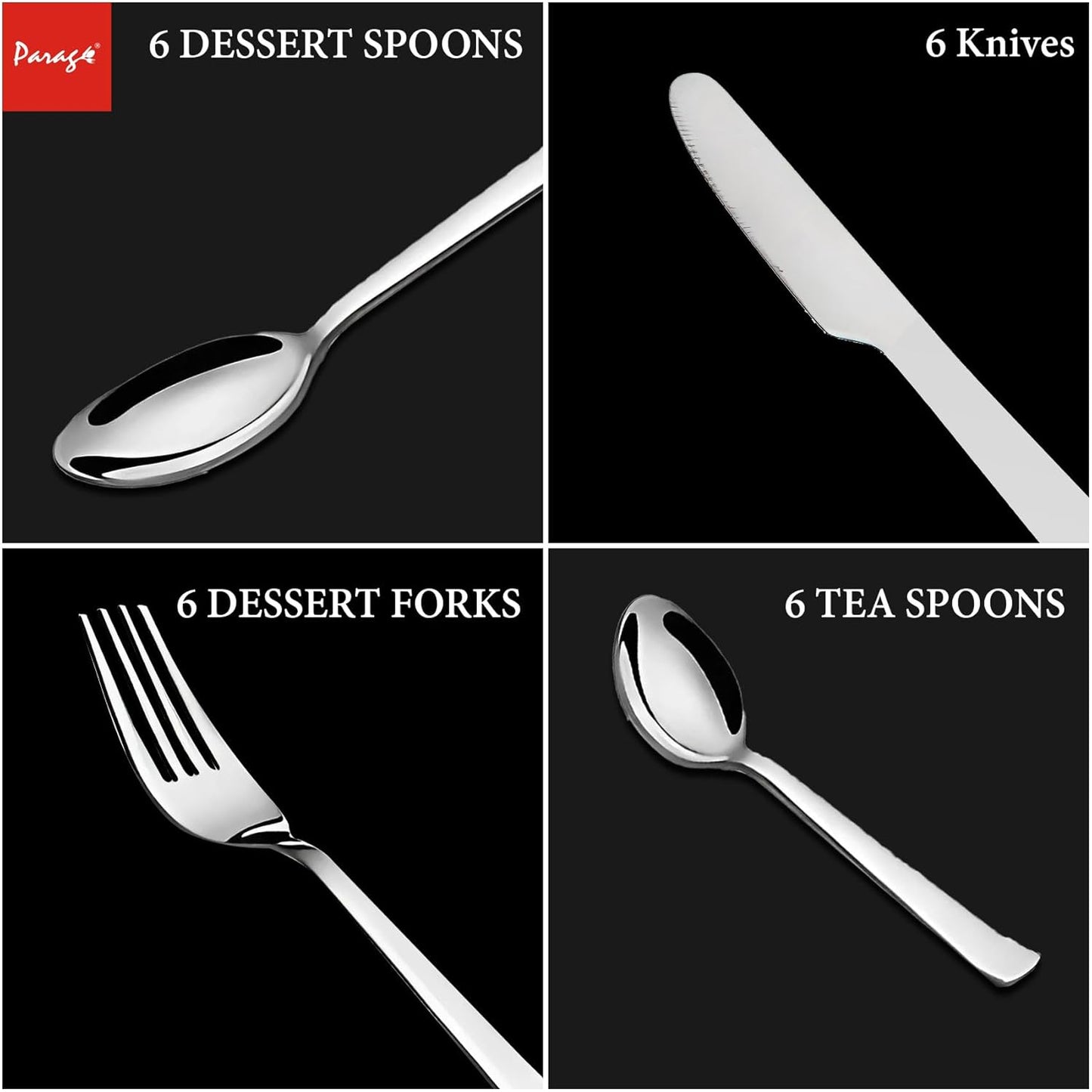 Parage Fantasy Stainless Steel Cutlery Set - Set of 25 (Contains: 6 Table Spoons, 6 Tea Spoons, 6 Forks, 6 Knives, 1 Stand), Silver
