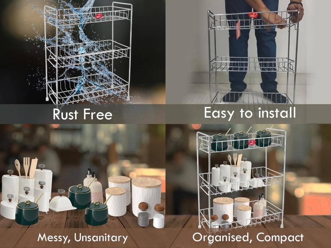 Unify Stainless Steel 3 Tier Kitchen Countertop Spice Container Organizer Rack with Shelf Liner for Kitchen/Cabinet/Pantry/Office (Rectangle), 39L x 19.5B x 50H cm