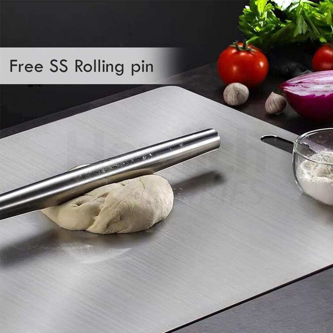 Herrlich Homes 304 Stainless Steel Chopping Board with Lip for Kitchen | Free Rollin Pin | Non Slip| Rust Proof | Easy to use| Round Edge| For Cutting Vegetables, Meat,Fish,Fruits | Medium |40 x 32 cm