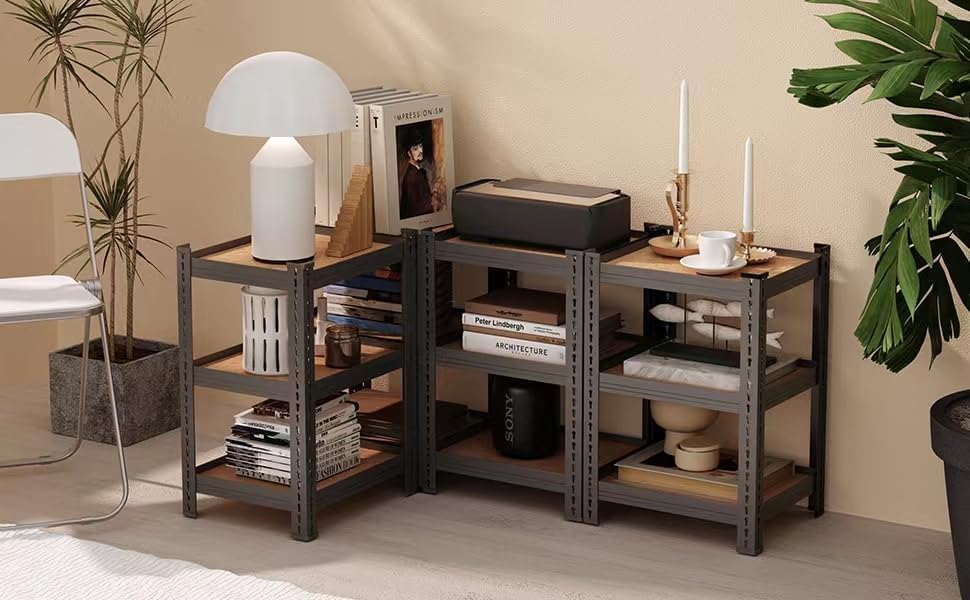 THAASA 5 Tier Boltless Rack for Storage/Adjustable Metal Shelf/Multipurpose Iron Shelves with Wooden Plank/Storage Organizer/Garage Iron Rack(Black)