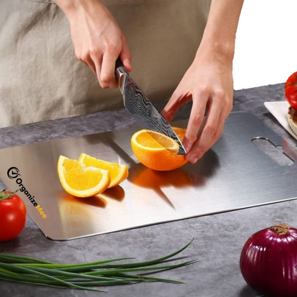 OrganizeMee Chopping Board Stainless Steel Metal Cutting Kitchen,Heavy Duty Choping-Board Vegetable, Meats vegitable Chopper Boards,Safe Durable with Anti-Skid Silicon Pad (New Medium)(31.8CM X 21CM)