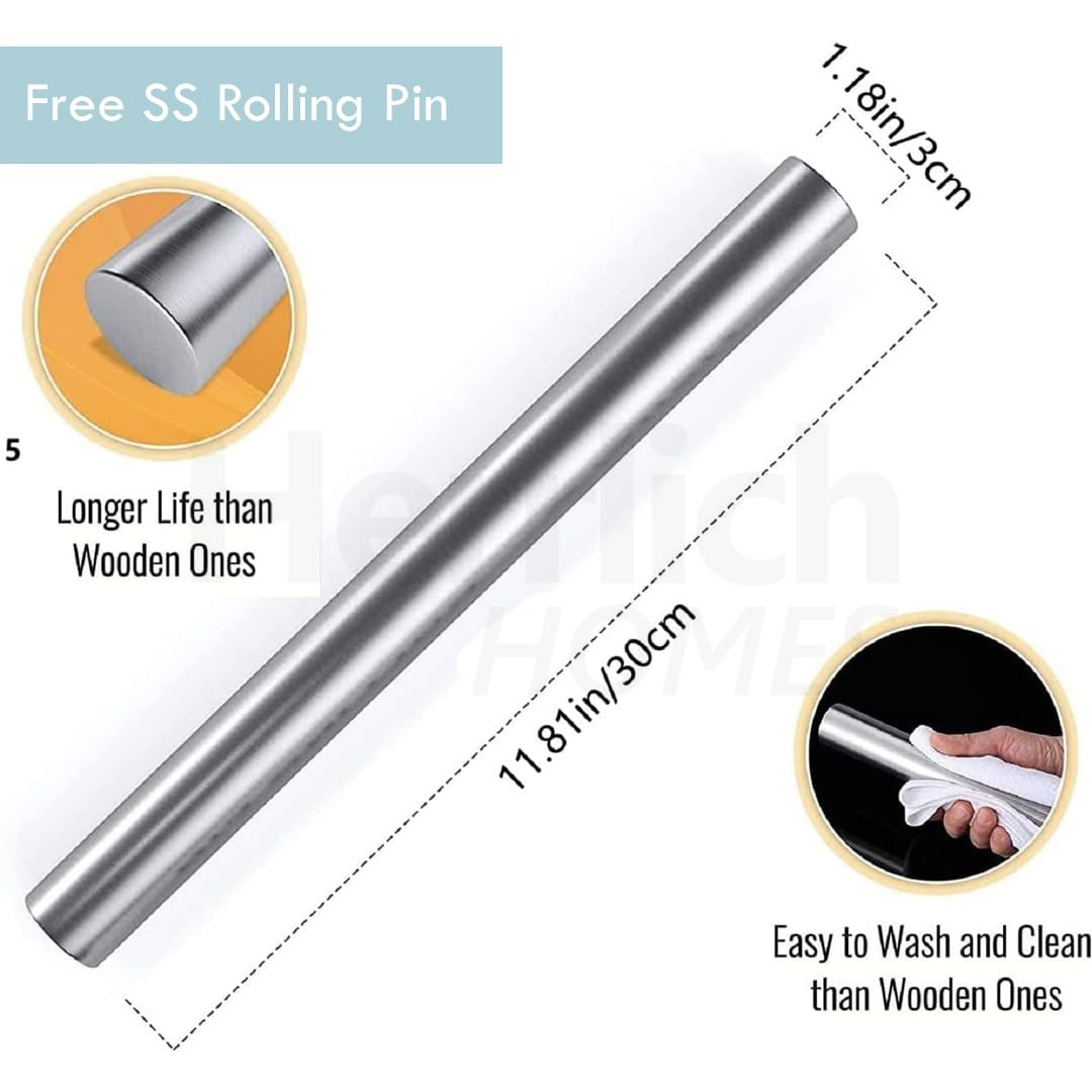 Herrlich Homes 304 Stainless Steel Chopping Board with Lip for Kitchen | Free Rollin Pin | Non Slip| Rust Proof | Easy to use| Round Edge| For Cutting Vegetables, Meat,Fish,Fruits | Medium |40 x 32 cm