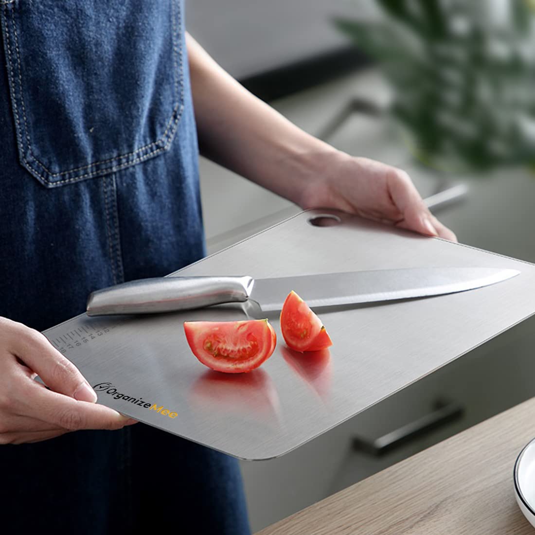 OrganizeMee Chopping Board Stainless Steel Metal Cutting Kitchen,Heavy Duty Choping-Board Vegetable, Meats vegitable Chopper Boards,Safe Durable with Anti-Skid Silicon Pad (New Medium)(31.8CM X 21CM)