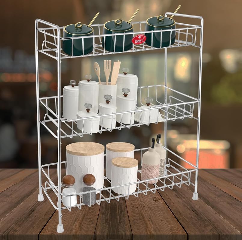 Unify Stainless Steel 3 Tier Kitchen Countertop Spice Container Organizer Rack with Shelf Liner for Kitchen/Cabinet/Pantry/Office (Rectangle), 39L x 19.5B x 50H cm