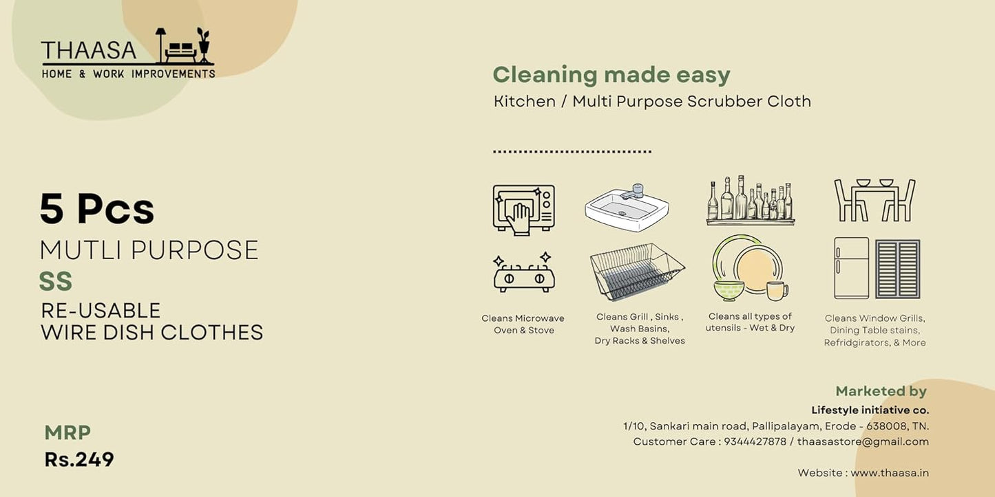 THAASA Multipurpose Wire Dishwashing Rags for Wet and Dry Stainless Steel Scrubber Non-Scratch Wire Dishcloth for Washing Dishes Sinks Counters Easy Rinsing Machine Washable (5)