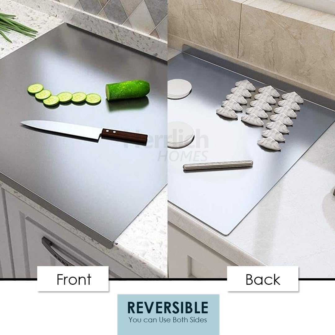 Herrlich Homes 304 Stainless Steel Chopping Board with Lip for Kitchen | Free Rollin Pin | Non Slip| Rust Proof | Easy to use| Round Edge| For Cutting Vegetables, Meat,Fish,Fruits | Medium |40 x 32 cm