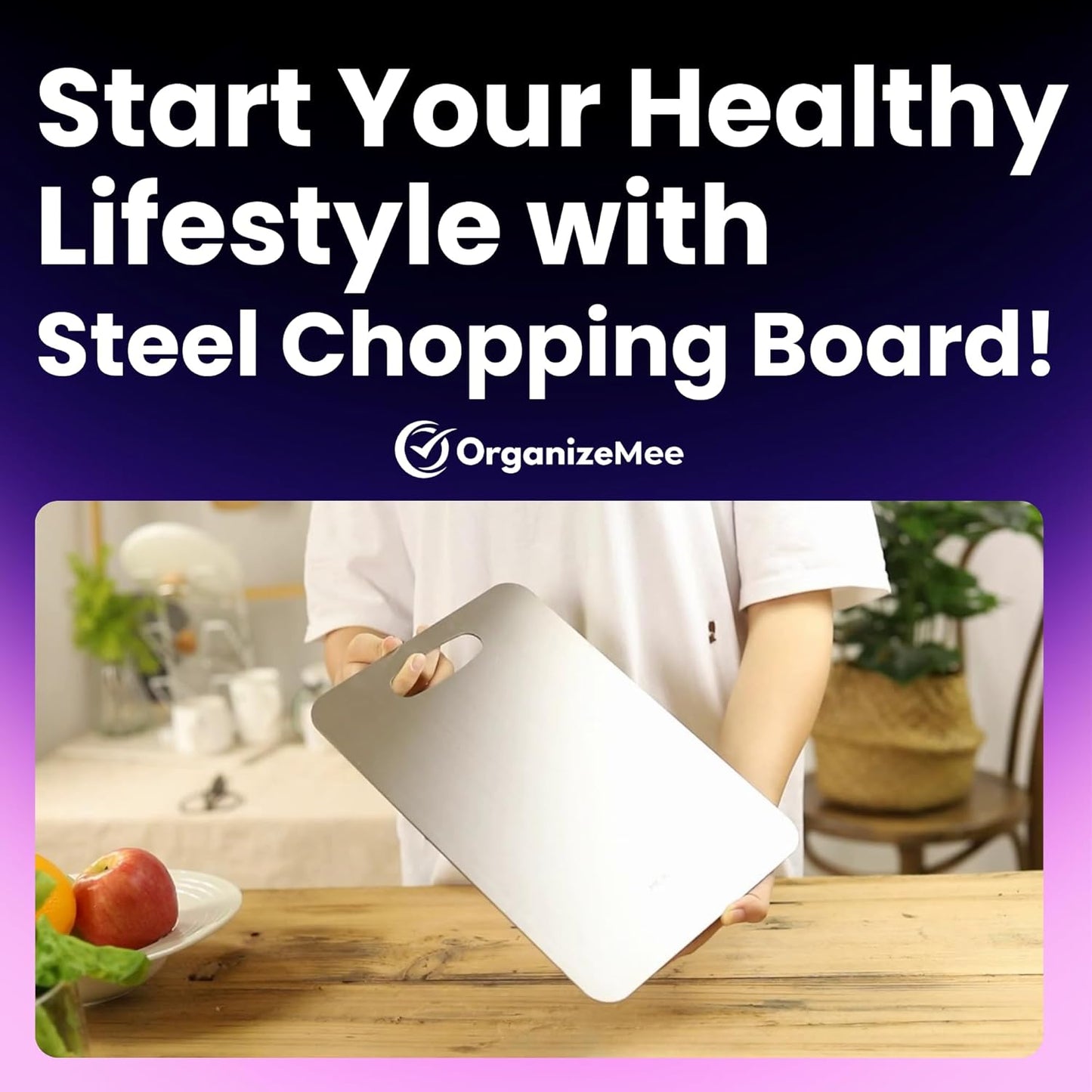 OrganizeMee Chopping Board Stainless Steel Metal Cutting Kitchen,Heavy Duty Choping-Board Vegetable, Meats vegitable Chopper Boards,Safe Durable with Anti-Skid Silicon Pad (New Medium)(31.8CM X 21CM)