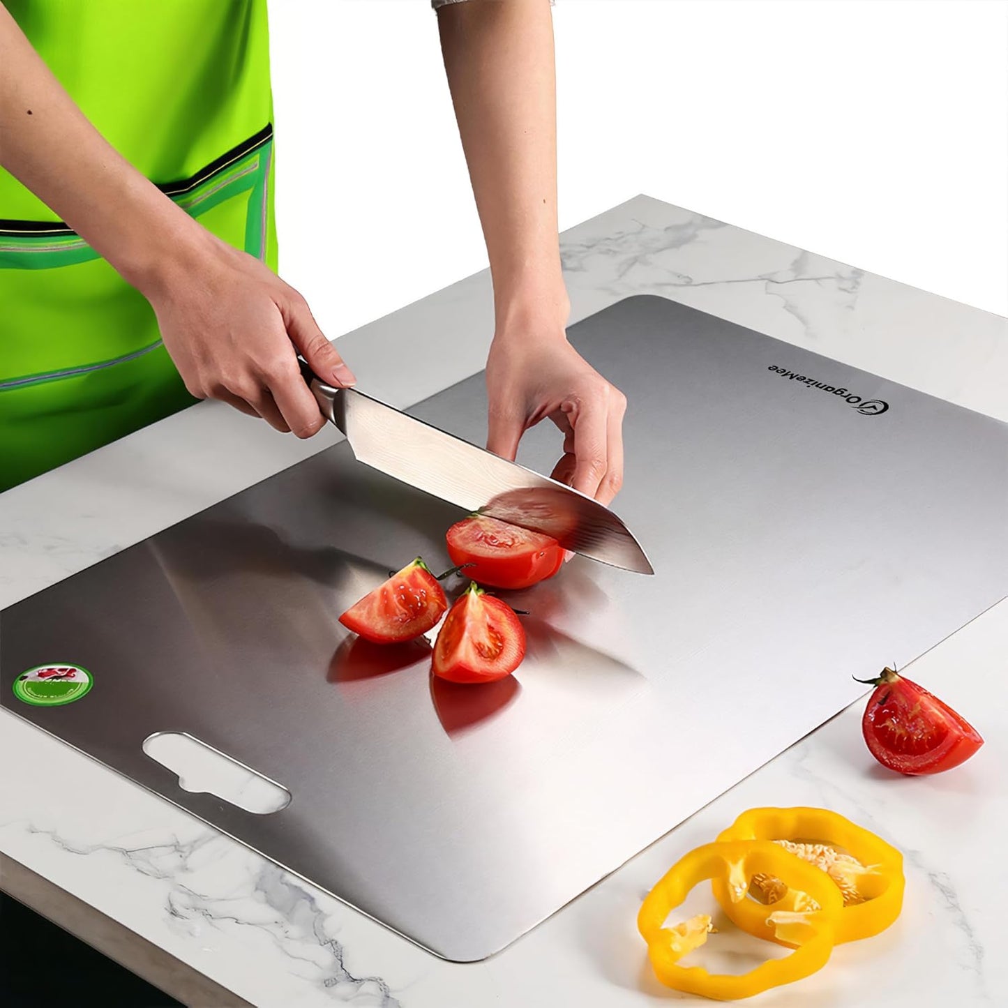 OrganizeMee Chopping Board Stainless Steel Metal Cutting Kitchen,Heavy Duty Choping-Board Vegetable, Meats vegitable Chopper Boards,Safe Durable with Anti-Skid Silicon Pad (New Medium)(31.8CM X 21CM)