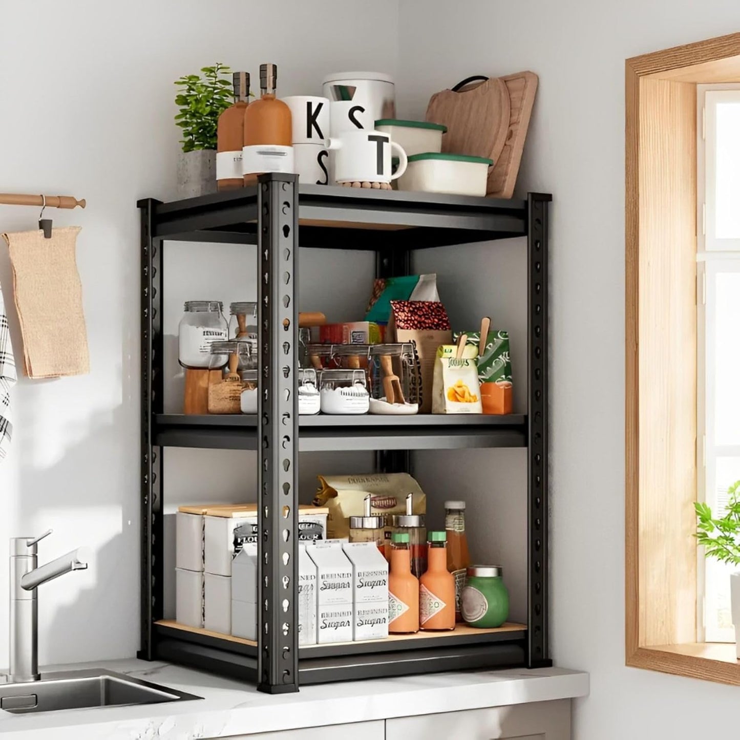 THAASA 5 Tier Boltless Rack for Storage/Adjustable Metal Shelf/Multipurpose Iron Shelves with Wooden Plank/Storage Organizer/Garage Iron Rack(Black)