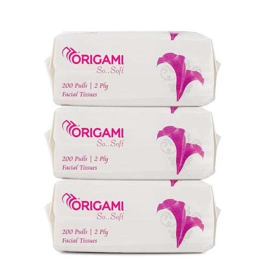 Origami 2 Ply Facial Tissue Soft Pack | Car Tissue Pouch - Pack of 3 (200 Pulls Per Box, 600 Sheets)