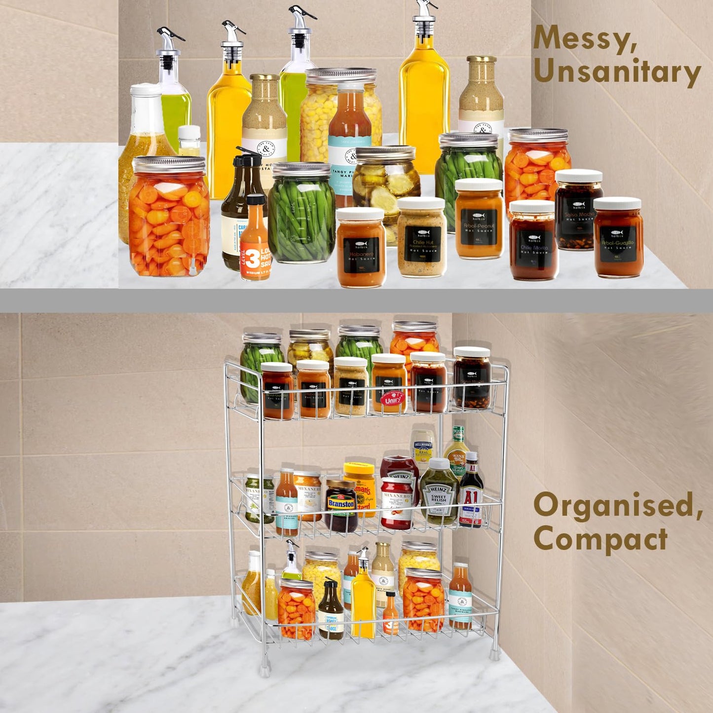 Unify Stainless Steel 3 Tier Kitchen Countertop Spice Container Organizer Rack with Shelf Liner for Kitchen/Cabinet/Pantry/Office (Rectangle), 39L x 19.5B x 50H cm