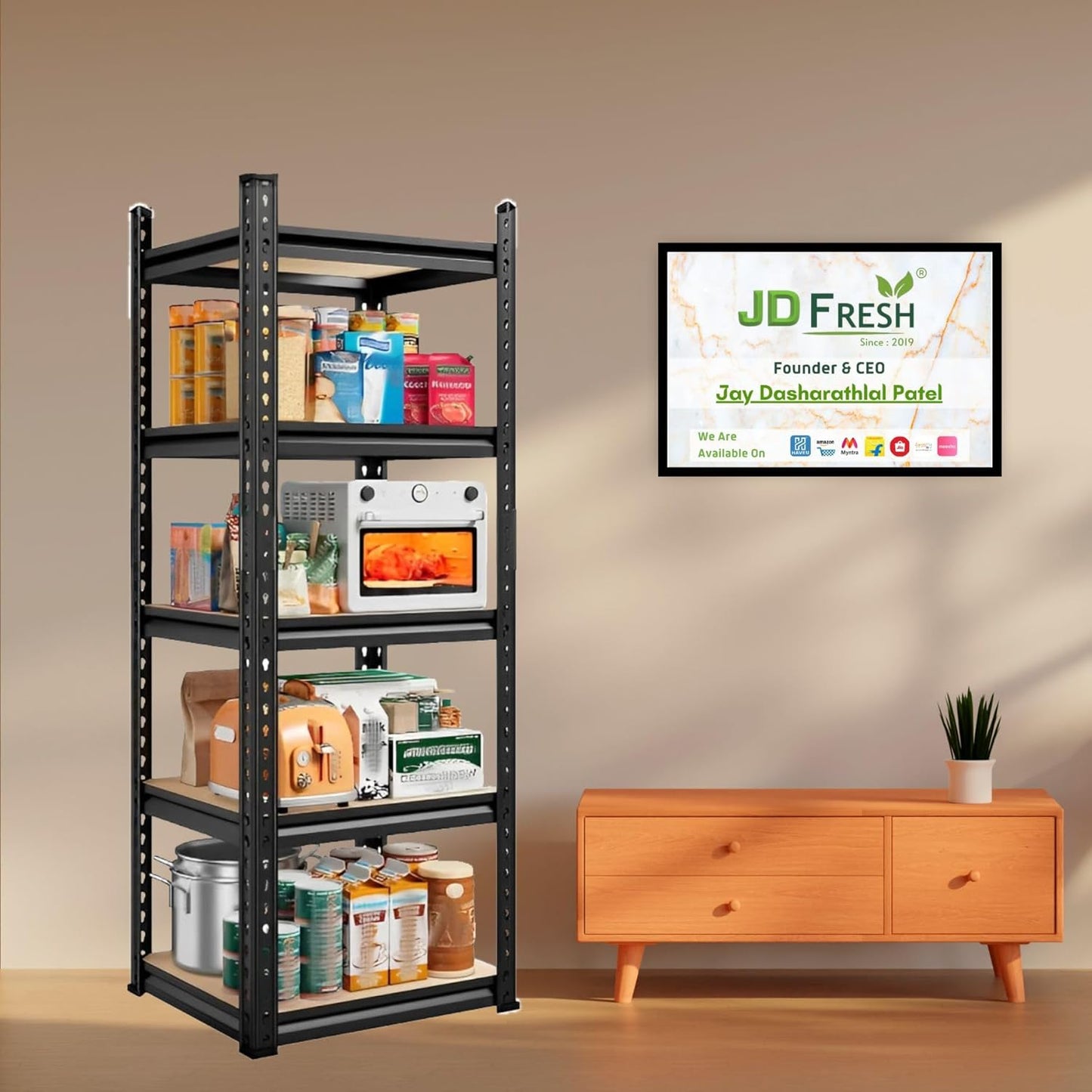 THAASA 5 Tier Boltless Rack for Storage/Adjustable Metal Shelf/Multipurpose Iron Shelves with Wooden Plank/Storage Organizer/Garage Iron Rack(Black)