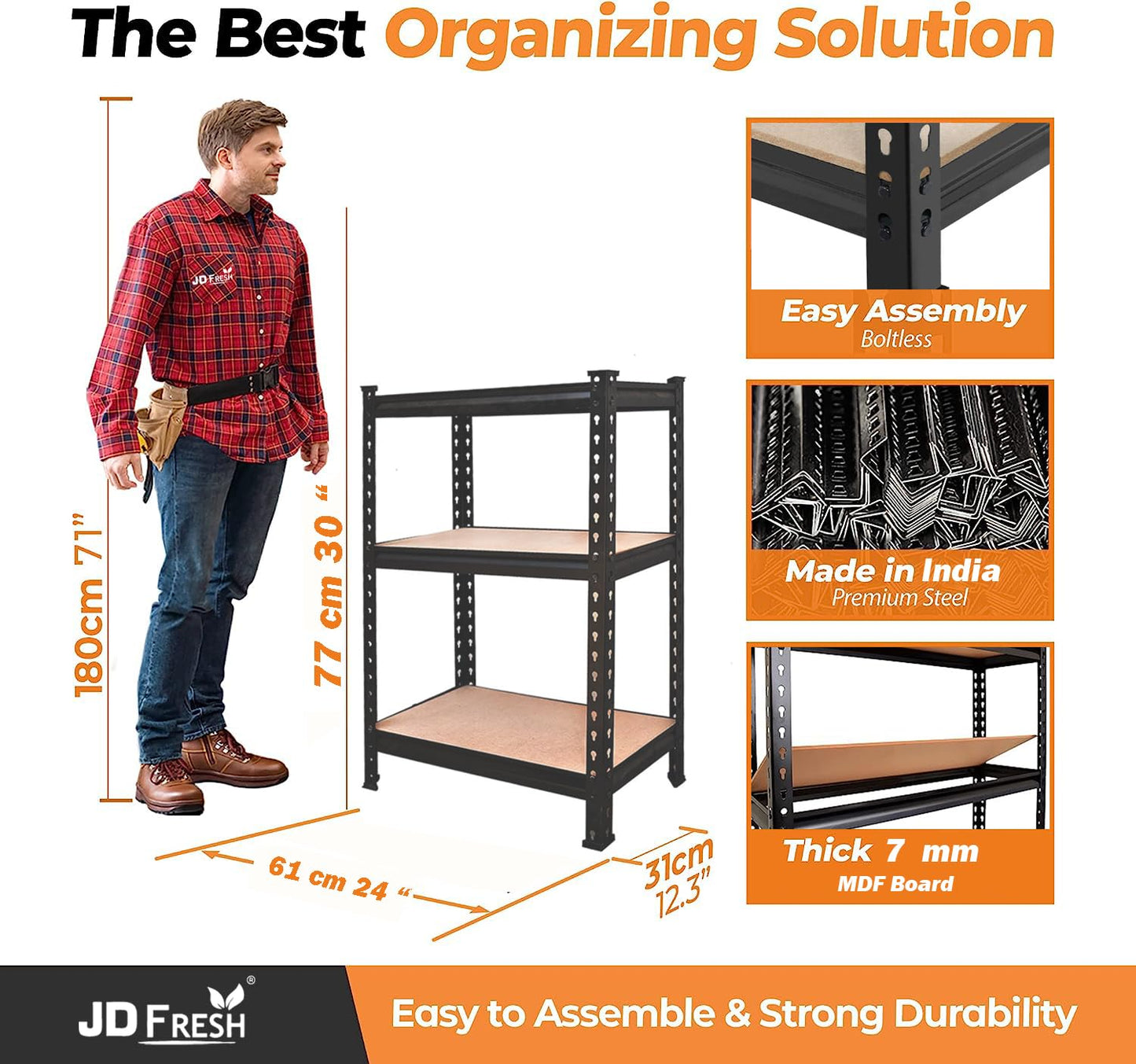 THAASA 5 Tier Boltless Rack for Storage/Adjustable Metal Shelf/Multipurpose Iron Shelves with Wooden Plank/Storage Organizer/Garage Iron Rack(Black)