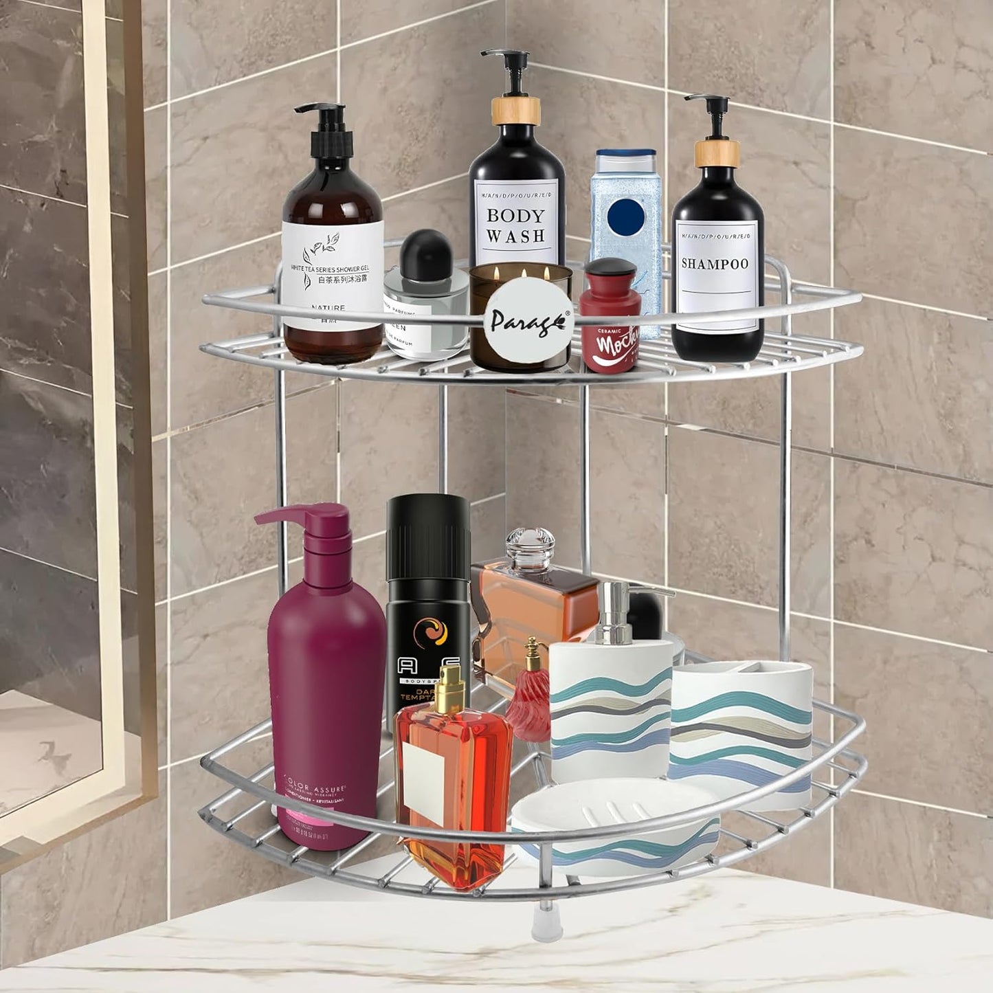 THAASA Stainless Steel 2 Tier Multipurpose Storage Organizer, Corner Stand for Kitchen and Bathroom, Shelf Rack, Bathroom Shelf Wall Mounted, Chrome Finish, Size: 23 x 23 x 33 cm