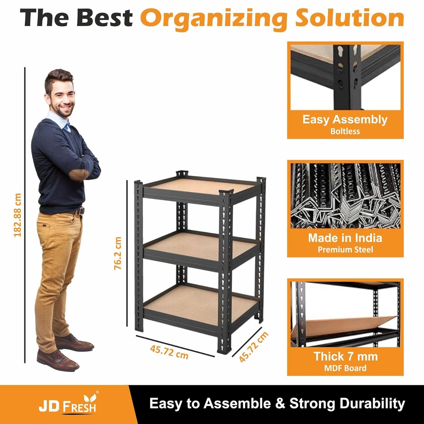 THAASA 5 Tier Boltless Rack for Storage/Adjustable Metal Shelf/Multipurpose Iron Shelves with Wooden Plank/Storage Organizer/Garage Iron Rack(Black)