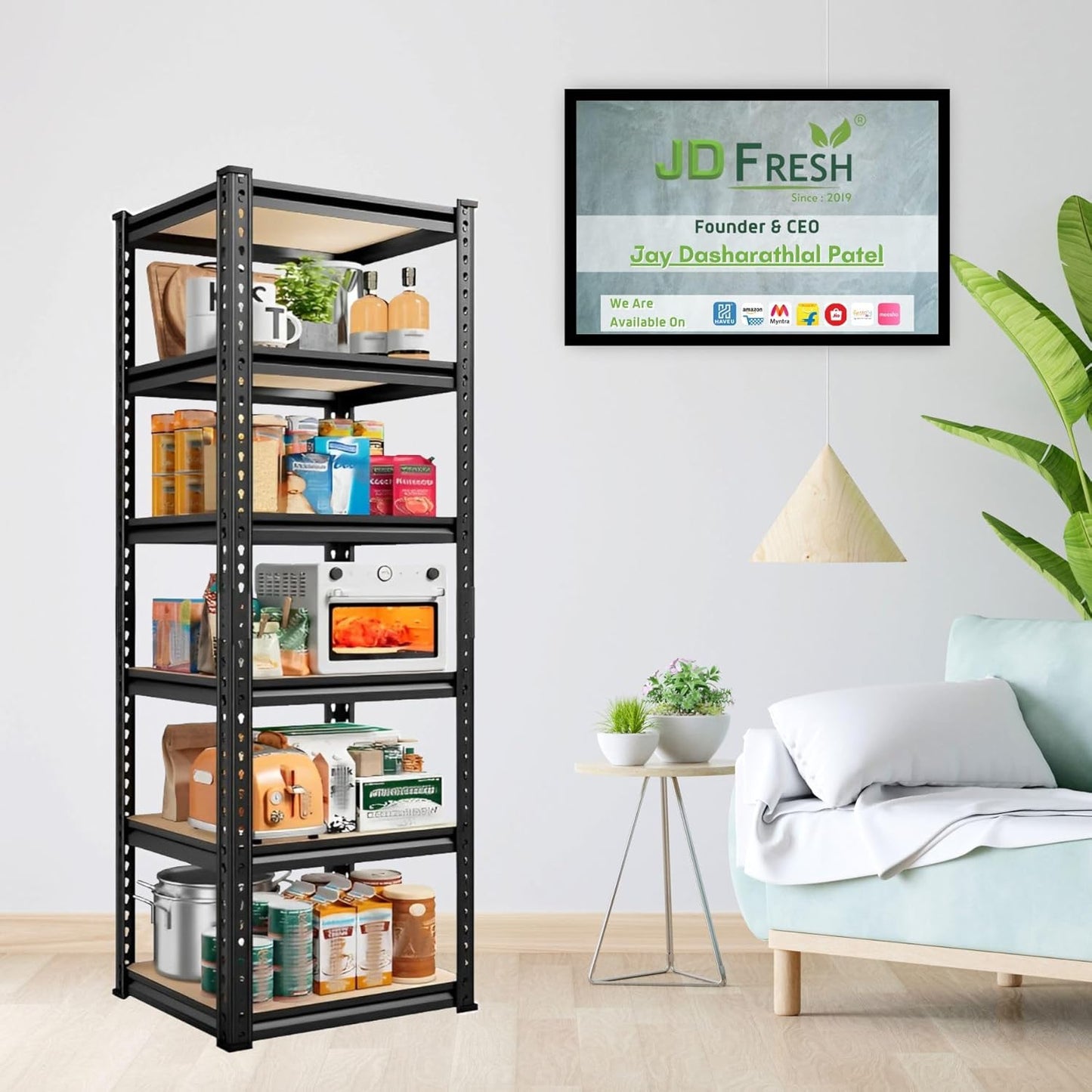THAASA 5 Tier Boltless Rack for Storage/Adjustable Metal Shelf/Multipurpose Iron Shelves with Wooden Plank/Storage Organizer/Garage Iron Rack(Black)