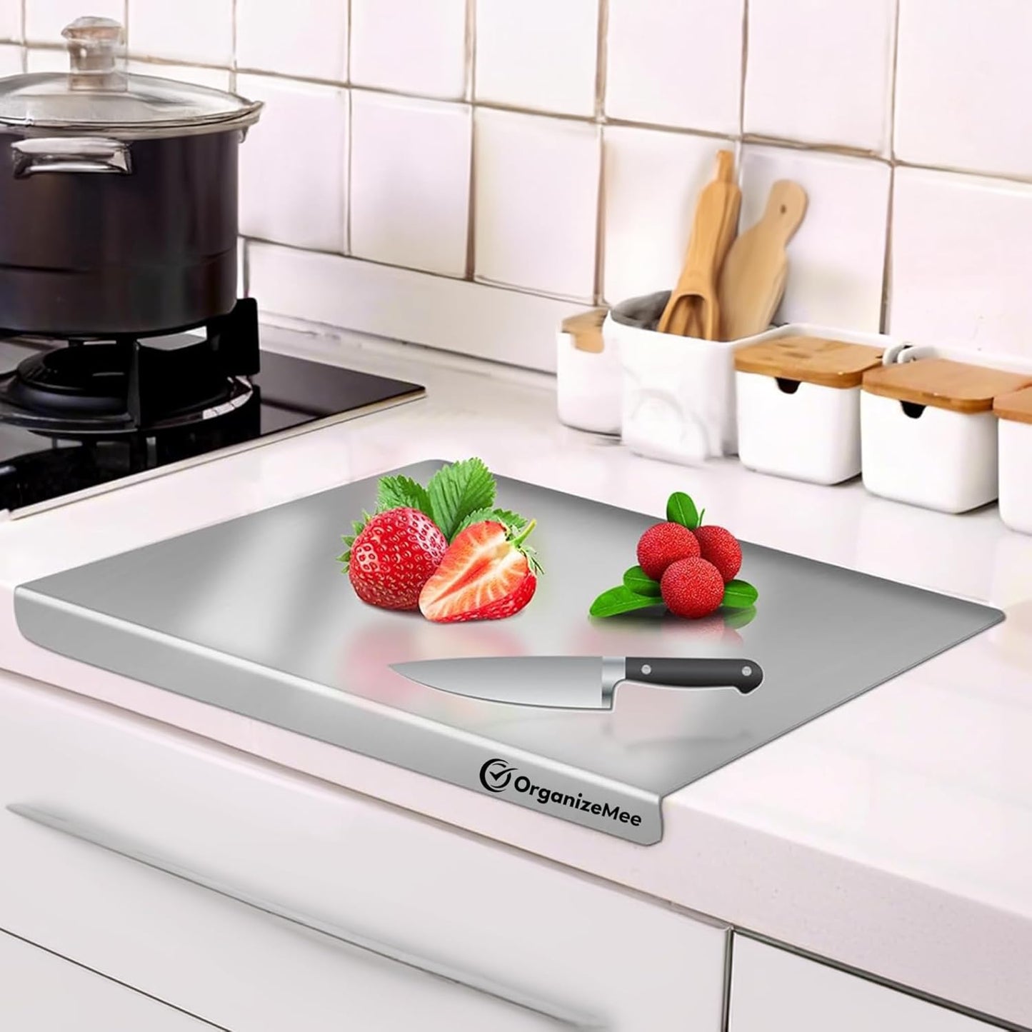 OrganizeMee Chopping Board Stainless Steel Metal Cutting Kitchen,Heavy Duty Choping-Board Vegetable, Meats vegitable Chopper Boards,Safe Durable with Anti-Skid Silicon Pad (New Medium)(31.8CM X 21CM)