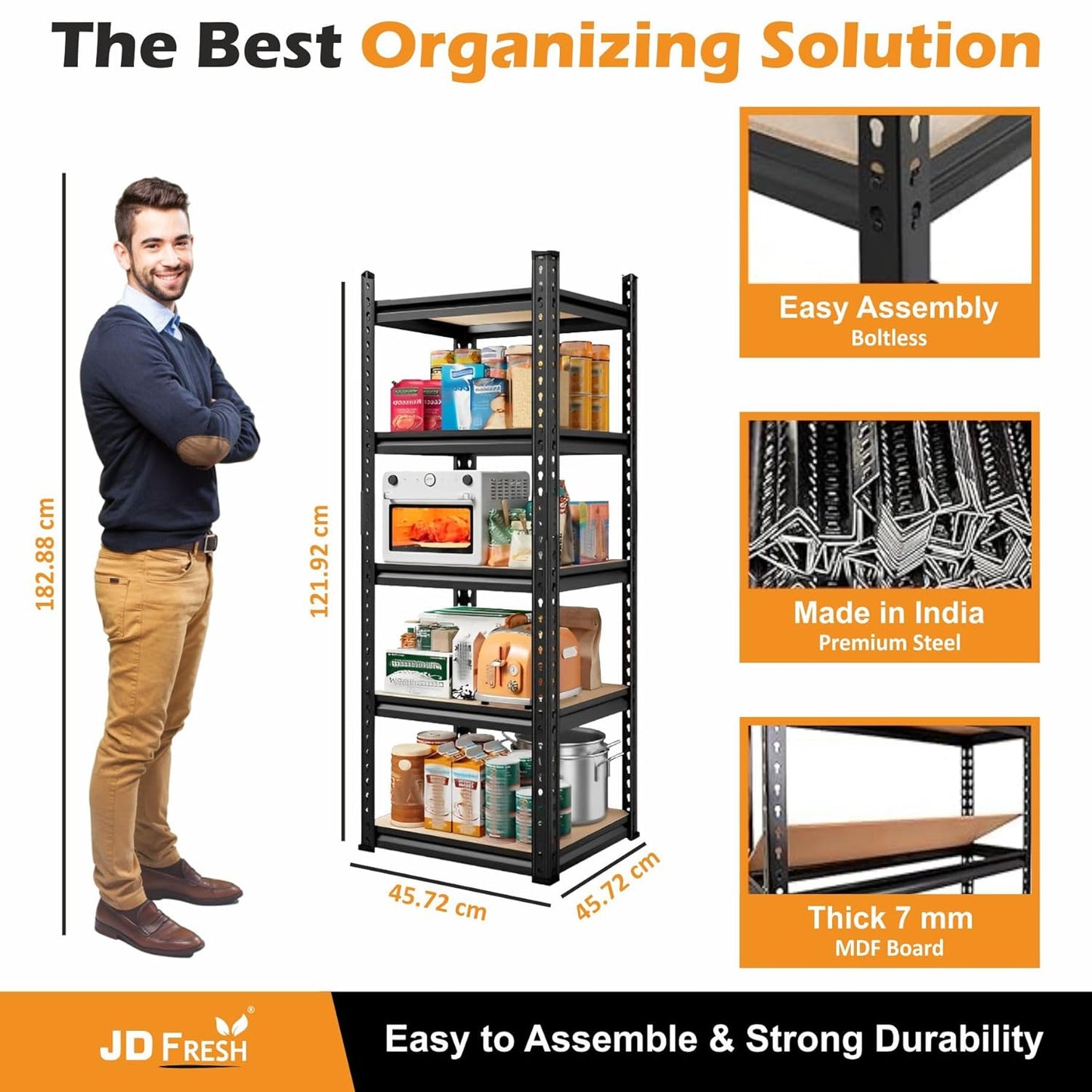 THAASA 5 Tier Boltless Rack for Storage/Adjustable Metal Shelf/Multipurpose Iron Shelves with Wooden Plank/Storage Organizer/Garage Iron Rack(Black)