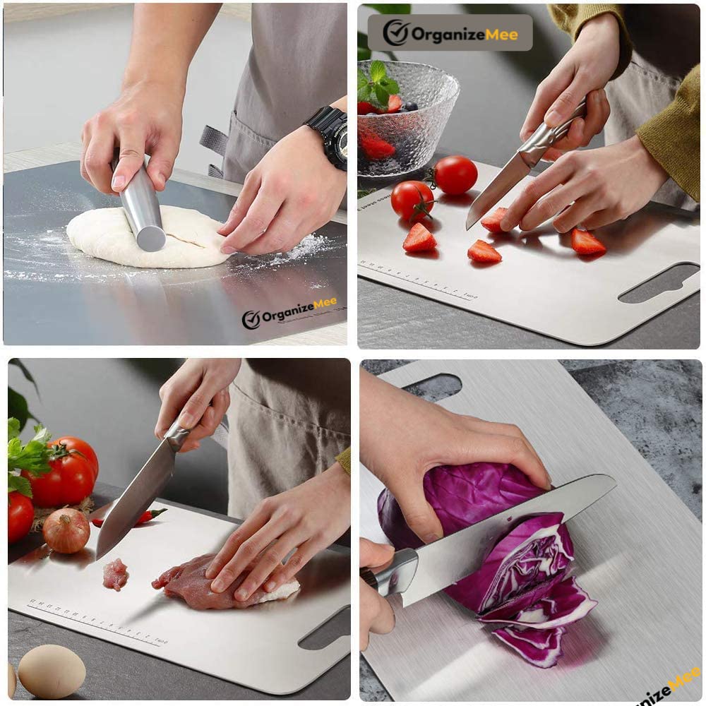 OrganizeMee Chopping Board Stainless Steel Metal Cutting Kitchen,Heavy Duty Choping-Board Vegetable, Meats vegitable Chopper Boards,Safe Durable with Anti-Skid Silicon Pad (New Medium)(31.8CM X 21CM)